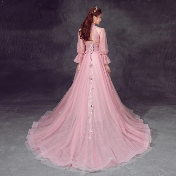 Chic / Belle Rougissant Rose Cathedral Train Robe De Soirée 2018 Princesse Tulle Col Haut Impression Soirée Robe De Bal