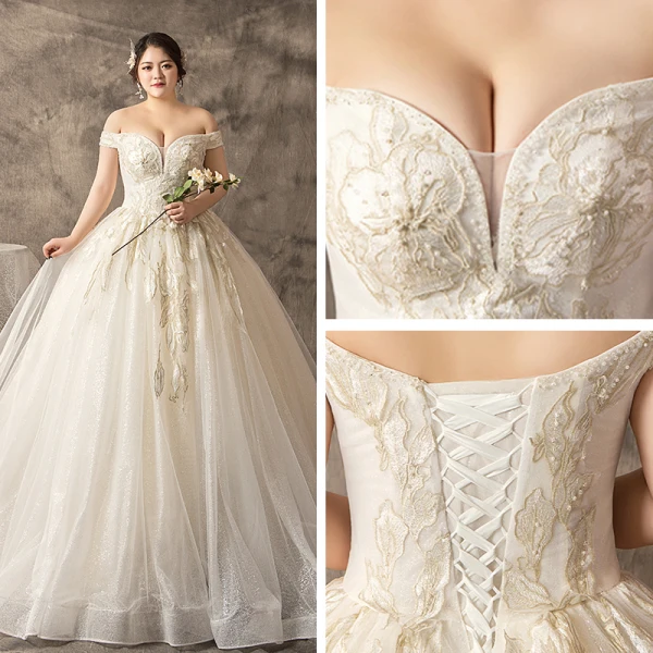 Luksus Hvit Ballkjole Pluss Størrelse Brudekjoler 2019 Blonder Tyll Appliques Ryggløse Beading Håndlaget Kjæreste Chapel Train Bryllup