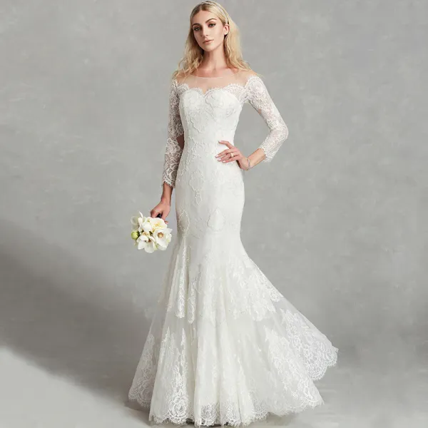 Amazing / Unique Sexy White Wedding Dresses 2020 Trumpet / Mermaid U-Neck 3D Lace Floor-Length / Long Long Sleeve Handmade  Embroidered Wedding