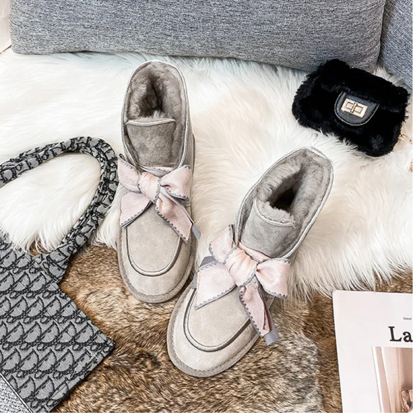 Lovely Butterfly Blushing Pink Snow Boots 2020 Woolen Leather Casual Outdoor / Garden Winter Flat Round Toe Suede Womens Boots