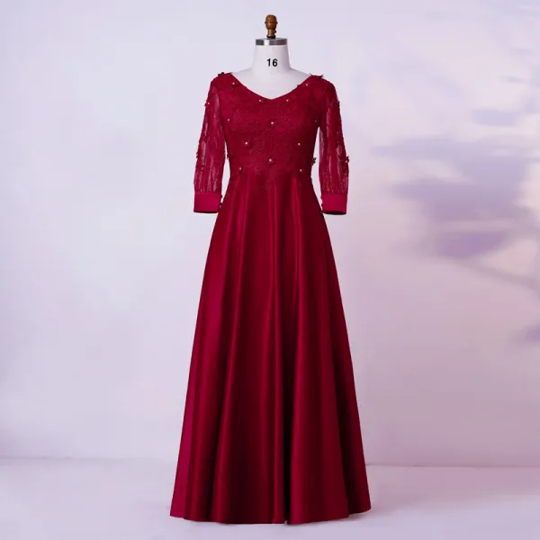 Vintage / Retro Burgundy Plus Size Evening Dresses  2020 A-Line / Princess V-Neck Floor-Length / Long Long Sleeve Handmade  3D Lace Beading Rhinestone Solid Color Evening Party Formal Dresses