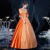 Vintage / Retro Elegant Medieval Orange Ball Gown Prom Dresses 2021 1/2 Sleeves Square Neckline Crossed Straps Floor-Length / Long Beading Star Cosplay Prom Formal Dresses