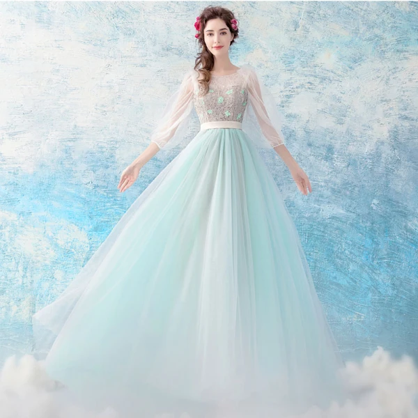 Chic / Beautiful Pool Blue Evening Dresses 2017 A-Line / Princess U-Neck Tulle Appliques Backless Beading Evening Party Formal Dresses