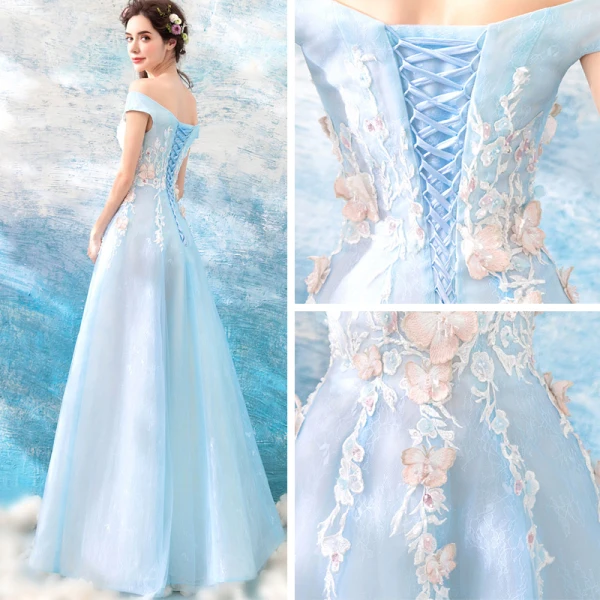 Chic / Beautiful Sky Blue Evening Dresses 2018 A-Line / Princess Floor-Length / Long Tulle Strapless Butterfly Appliques Backless Beading Evening Party Formal Dresses