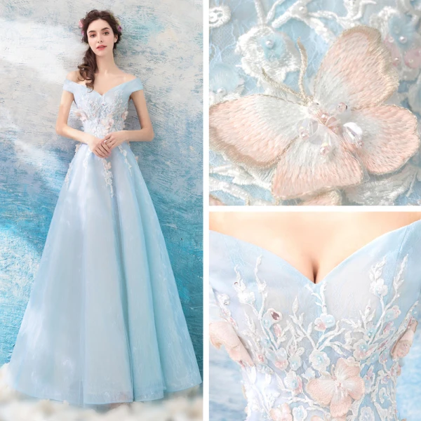 Chic / Beautiful Sky Blue Evening Dresses 2018 A-Line / Princess Floor-Length / Long Tulle Strapless Butterfly Appliques Backless Beading Evening Party Formal Dresses