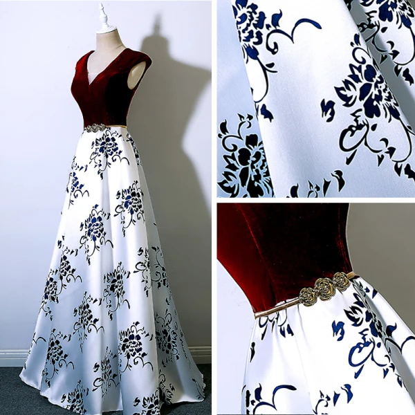 Chic / Beautiful Burgundy Evening Dresses  2018 A-Line / Princess V-Neck Floor-Length / Long Charmeuse Printing Evening Party Formal Dresses