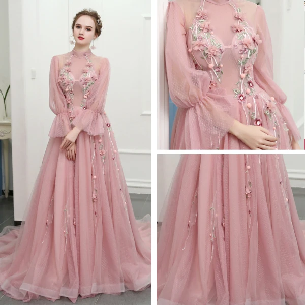 Chic / Belle Rougissant Rose Cathedral Train Robe De Soirée 2018 Princesse Tulle Col Haut Impression Soirée Robe De Bal