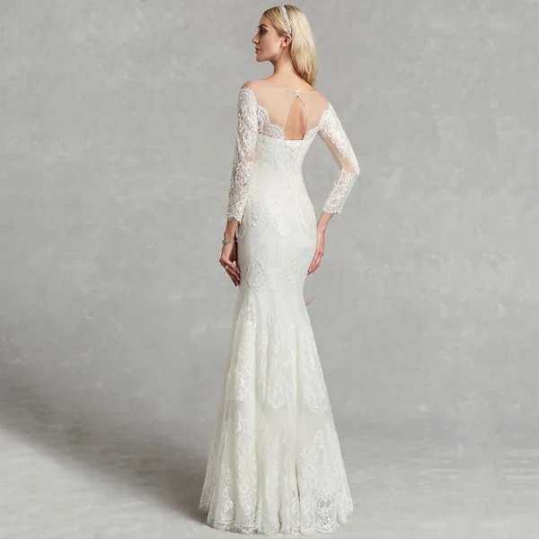 Amazing / Unique Sexy White Wedding Dresses 2020 Trumpet / Mermaid U-Neck 3D Lace Floor-Length / Long Long Sleeve Handmade Embroidered Wedding