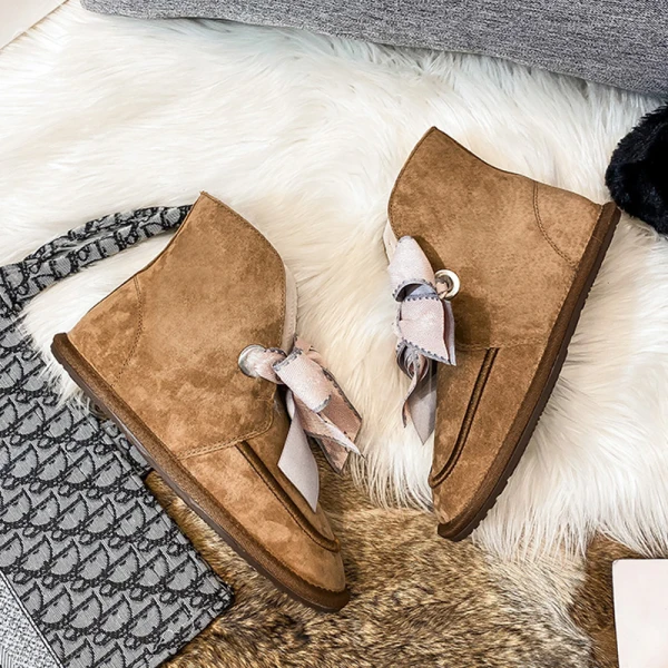 Lovely Butterfly Blushing Pink Snow Boots 2020 Woolen Leather Casual Outdoor / Garden Winter Flat Round Toe Suede Womens Boots