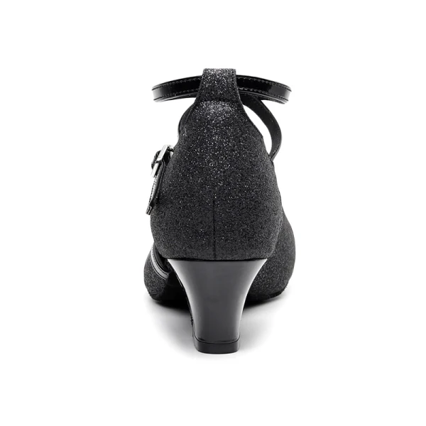 Étourdissant Bling Bling Noire Chaussures de danse latine 2020 Cuir Été Dansant Promo Paillettes Sandales À Bout Rond Chaussures Femmes