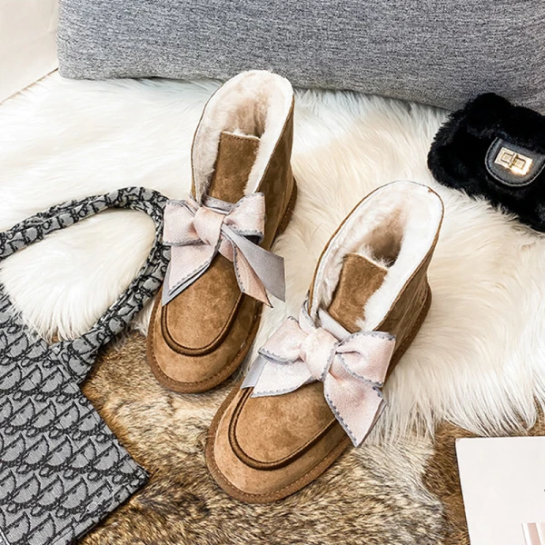 Lovely Butterfly Blushing Pink Snow Boots 2020 Woolen Leather Casual Outdoor / Garden Winter Flat Round Toe Suede Womens Boots