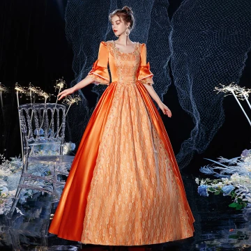 Vintage Elegante Middeleeuws Oranje Baljurk Galajurken 2021 1 2 Mouwen Vierkante Halslijn Gekruiste Bandjes Lange Kralen Ster Cosplay Gala