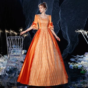 Vintage Elegante Mittelalterlich Orange Ballkleid Ballkleider 2021 1 2 Ärmel Eckiger Ausschnitt Gekreuzte Träger Lange Perlenstickerei Star Cosplay Ball