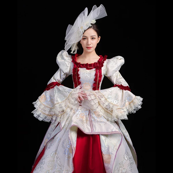 Vintage / Retro Medieval Blushing Pink Ball Gown Prom Dresses 2021 U-Neck Long Sleeve Floor-Length / Long Embroidered Printing Cosplay Prom Formal Dresses