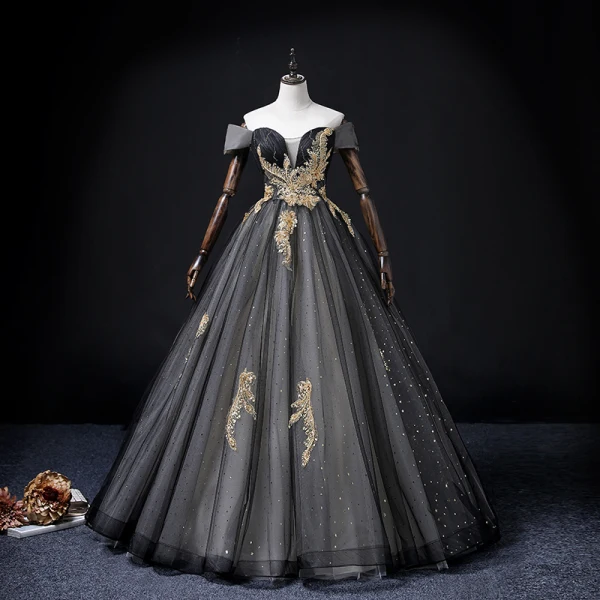 Elegant Chic / Beautiful Black Star Sequins Prom Dresses 2022 Ball Gown Off-The-Shoulder Short Sleeve Backless Appliques Lace Flower Floor-Length / Long