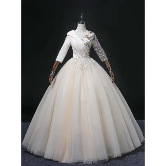 Élégant Champagne Perlage En Dentelle Fleur Robe De Bal 2022 Robe Boule V Cou Multi Couleurs Paillettes 3 4 Manches Dos Nu Longue Robe De Ceremonie