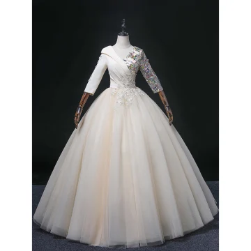 Elegant Champagne Beading Lace Flower Prom Dresses 2022 Ball Gown V Neck Multi Colors Sequins 3 4 Sleeve Backless Floor Length Long Formal Dresses
