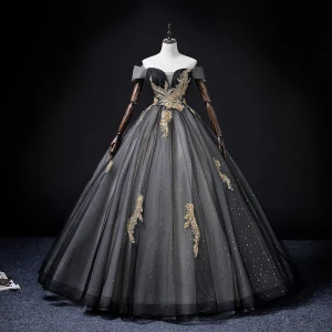 Elegant Chic Beautiful Black Star Sequins Prom Dresses 2022 Ball Gown Off The Shoulder Short Sleeve Backless Appliques Lace Flower Floor Length Long