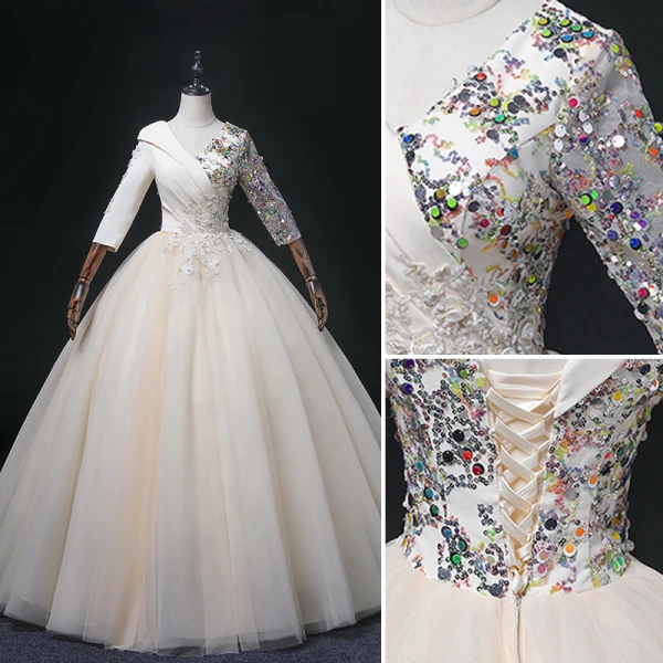 Elegant Champagne Beading Lace Flower Prom Dresses 2022 Ball Gown V-Neck Multi-Colors Sequins 3/4 Sleeve Backless Floor-Length / Long Formal Dresses