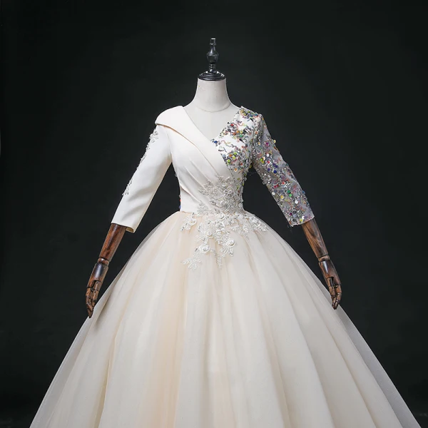 Elegant Champagne Beading Lace Flower Prom Dresses 2022 Ball Gown V-Neck Multi-Colors Sequins 3/4 Sleeve Backless Floor-Length / Long Formal Dresses