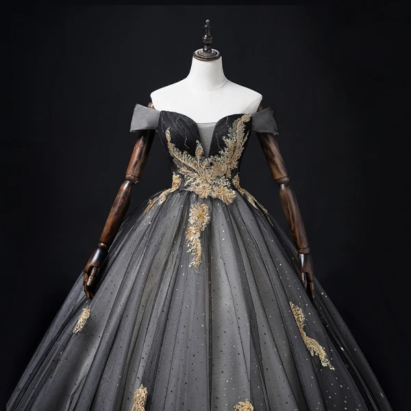 Elegant Chic / Beautiful Black Star Sequins Prom Dresses 2022 Ball Gown Off-The-Shoulder Short Sleeve Backless Appliques Lace Flower Floor-Length / Long