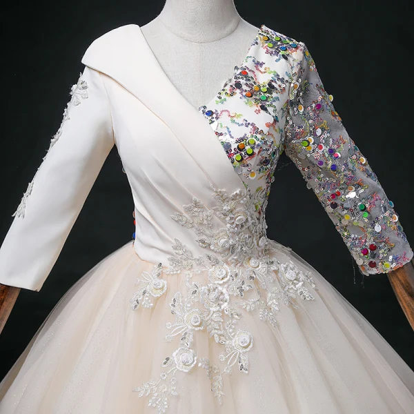 Elegant Champagne Beading Lace Flower Prom Dresses 2022 Ball Gown V-Neck Multi-Colors Sequins 3/4 Sleeve Backless Floor-Length / Long Formal Dresses