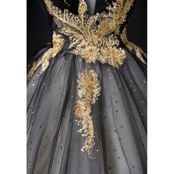 Elegant Chic / Beautiful Black Star Sequins Prom Dresses 2022 Ball Gown Off-The-Shoulder Short Sleeve Backless Appliques Lace Flower Floor-Length / Long