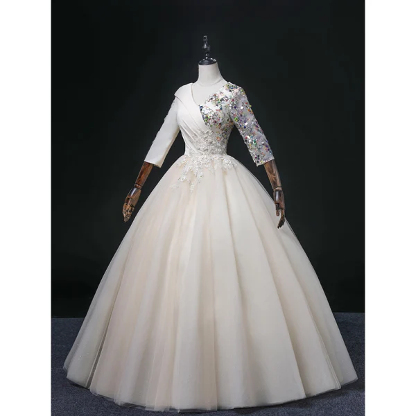 Elegant Champagne Beading Lace Flower Prom Dresses 2022 Ball Gown V-Neck Multi-Colors Sequins 3/4 Sleeve Backless Floor-Length / Long Formal Dresses