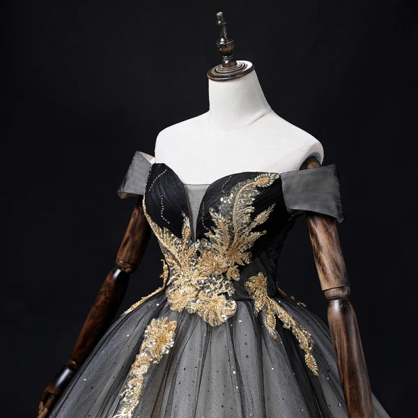 Elegant Chic / Beautiful Black Star Sequins Prom Dresses 2022 Ball Gown Off-The-Shoulder Short Sleeve Backless Appliques Lace Flower Floor-Length / Long