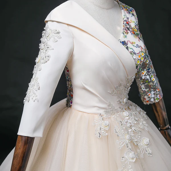 Elegant Champagne Beading Lace Flower Prom Dresses 2022 Ball Gown V-Neck Multi-Colors Sequins 3/4 Sleeve Backless Floor-Length / Long Formal Dresses