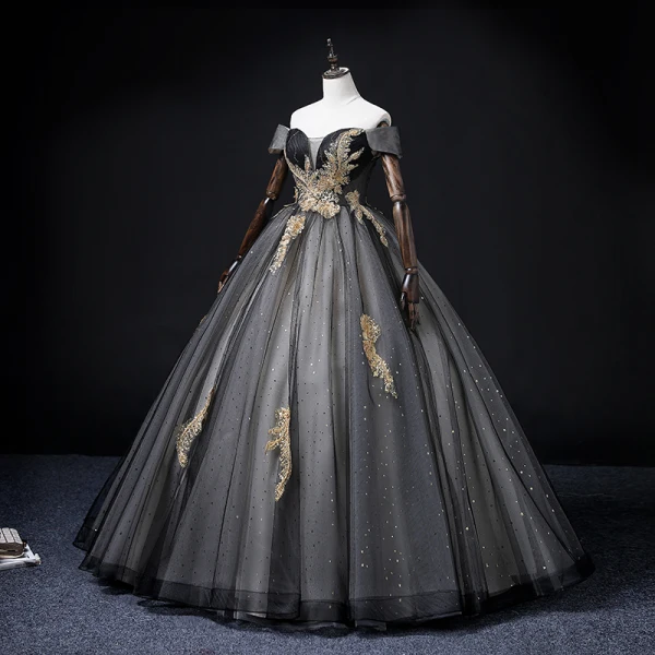 Elegant Chic / Beautiful Black Star Sequins Prom Dresses 2022 Ball Gown Off-The-Shoulder Short Sleeve Backless Appliques Lace Flower Floor-Length / Long