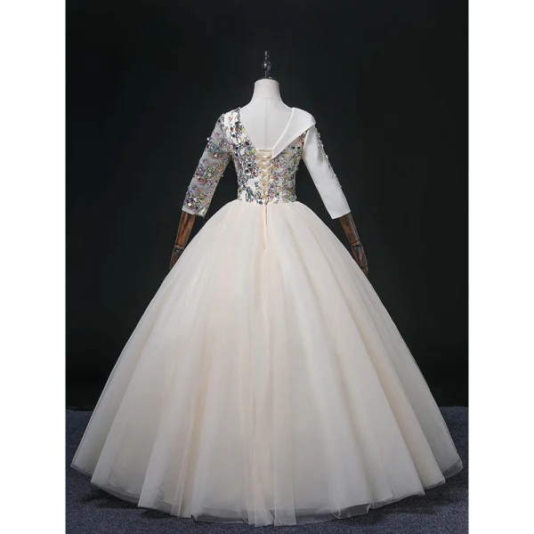 Elegant Champagne Beading Lace Flower Prom Dresses 2022 Ball Gown V-Neck Multi-Colors Sequins 3/4 Sleeve Backless Floor-Length / Long Formal Dresses