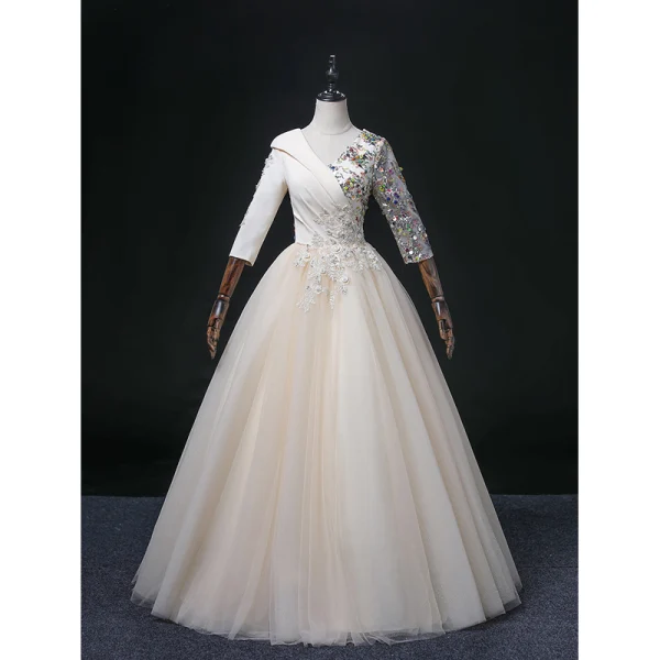 Elegant Champagne Beading Lace Flower Prom Dresses 2022 Ball Gown V-Neck Multi-Colors Sequins 3/4 Sleeve Backless Floor-Length / Long Formal Dresses