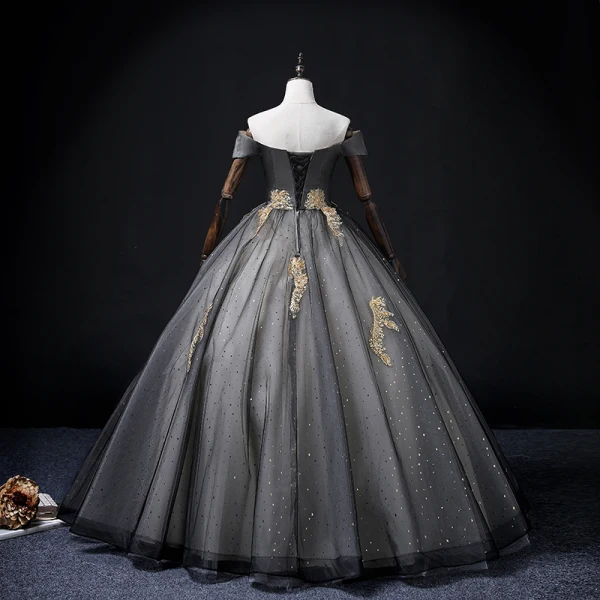 Elegant Chic / Beautiful Black Star Sequins Prom Dresses 2022 Ball Gown Off-The-Shoulder Short Sleeve Backless Appliques Lace Flower Floor-Length / Long