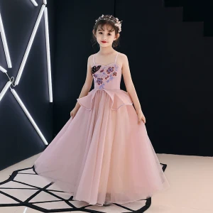 Élégant Perle Rose Robe Ceremonie Fille 2019 Princesse Bretelles Spaghetti Sans Manches Appliques En Dentelle Perlage Longue Volants Dos Nu Robe Pour Mariage