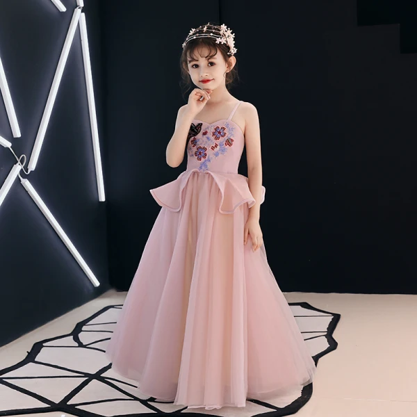 Elegant Pearl Pink Flower Girl Dresses 2019 A-Line / Princess Spaghetti Straps Sleeveless Appliques Lace Beading Floor-Length / Long Ruffle Backless Wedding Party Dresses