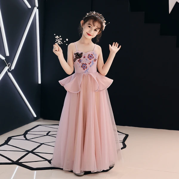 Elegant Pearl Pink Flower Girl Dresses 2019 A-Line / Princess Spaghetti Straps Sleeveless Appliques Lace Beading Floor-Length / Long Ruffle Backless Wedding Party Dresses