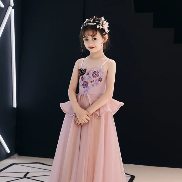Elegant Pearl Pink Flower Girl Dresses 2019 A-Line / Princess Spaghetti Straps Sleeveless Appliques Lace Beading Floor-Length / Long Ruffle Backless Wedding Party Dresses