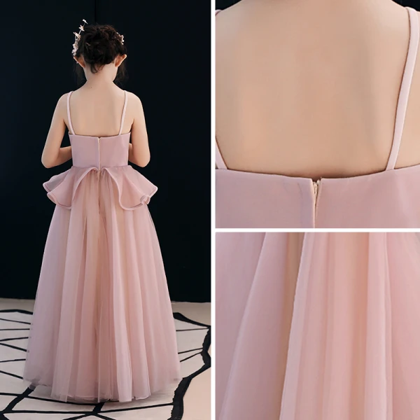 Elegant Pearl Pink Flower Girl Dresses 2019 A-Line / Princess Spaghetti Straps Sleeveless Appliques Lace Beading Floor-Length / Long Ruffle Backless Wedding Party Dresses