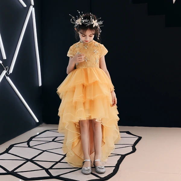 High Low Gold Flower Girl Dresses 2019 A-Line / Princess High Neck Short Sleeve Rhinestone Beading Asymmetrical Cascading Ruffles Wedding Party Dresses