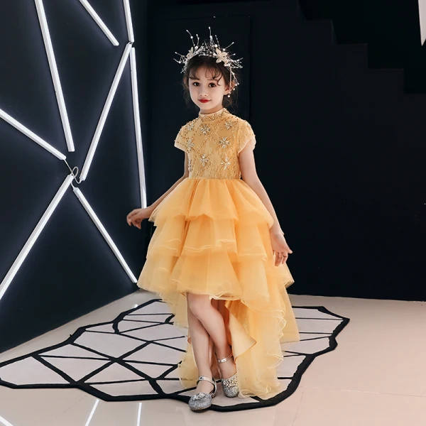 High Low Gold Flower Girl Dresses 2019 A-Line / Princess High Neck Short Sleeve Rhinestone Beading Asymmetrical Cascading Ruffles Wedding Party Dresses