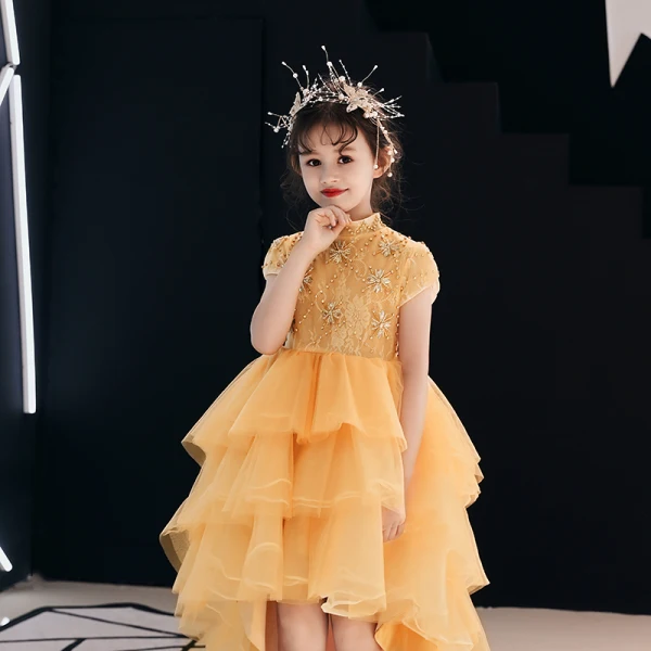 High Low Gold Flower Girl Dresses 2019 A-Line / Princess High Neck Short Sleeve Rhinestone Beading Asymmetrical Cascading Ruffles Wedding Party Dresses