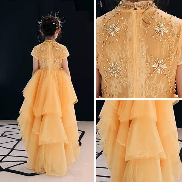 High Low Gold Flower Girl Dresses 2019 A-Line / Princess High Neck Short Sleeve Rhinestone Beading Asymmetrical Cascading Ruffles Wedding Party Dresses