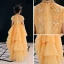High Low Gold Flower Girl Dresses 2019 A-Line / Princess High Neck Short Sleeve Rhinestone Beading Asymmetrical Cascading Ruffles Wedding Party Dresses