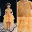 High Low Gold Flower Girl Dresses 2019 A-Line / Princess High Neck Short Sleeve Rhinestone Beading Asymmetrical Cascading Ruffles Wedding Party Dresses
