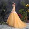 Lovely Gold Flower Girl Dresses 2019 A-Line / Princess Scoop Neck Sleeveless Appliques Flower Pearl Rhinestone Sweep Train Ruffle Backless Wedding Party Dresses