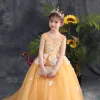 Lovely Gold Flower Girl Dresses 2019 A-Line / Princess Scoop Neck Sleeveless Appliques Flower Pearl Rhinestone Sweep Train Ruffle Backless Wedding Party Dresses