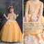 Lovely Gold Flower Girl Dresses 2019 A-Line / Princess Scoop Neck Sleeveless Appliques Flower Pearl Rhinestone Sweep Train Ruffle Backless Wedding Party Dresses