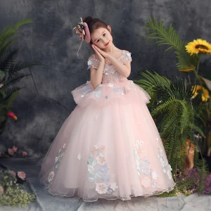 Chic Belle Perle Rose Robe Ceremonie Fille 2019 Robe Boule De L Épaule Bretelles Spaghetti Manches Courtes Appliques En Dentelle Perle Perlage Train De Balayage Volants Dos Nu Robe Pour Mariage