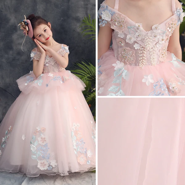 Schöne Pearl Rosa Blumenmädchenkleider 2019 Ballkleid Off Shoulder Spaghettiträger Kurze Ärmel Applikationen Spitze Perle Perlenstickerei Sweep / Pinsel Zug Rüschen Rückenfreies Kleider Für Hochzeit